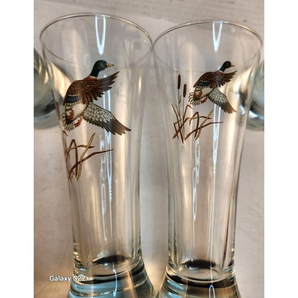 Set Of 4 Vintage Duck Design Pilsner Tall Beer Glasses Clear Barware Collectible - Picture 2 of 7